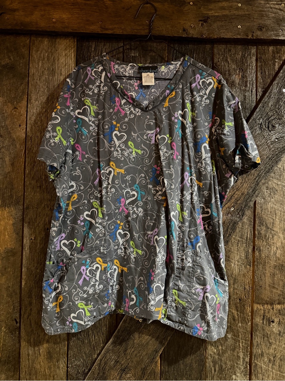 Cherokee Gray Scrub Top with Colorful Ribbon & Heart Motif